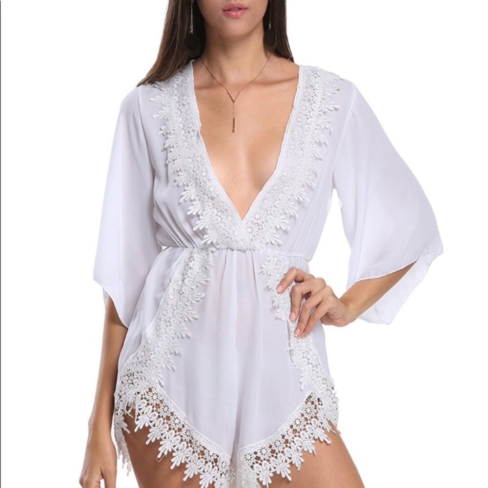White Lace Romper / Swim Cover Up, Size Medium